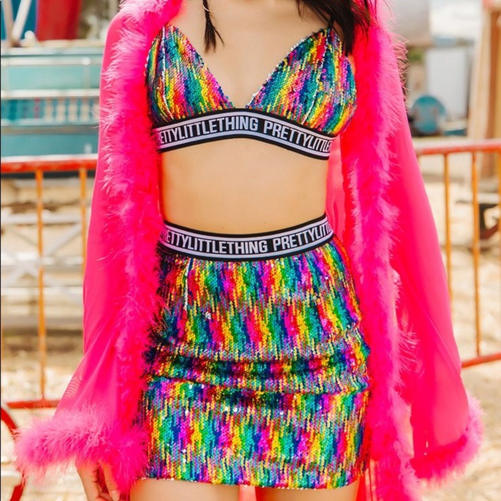 PrettyLittleThing Rainbow Sequin Skirt {6}